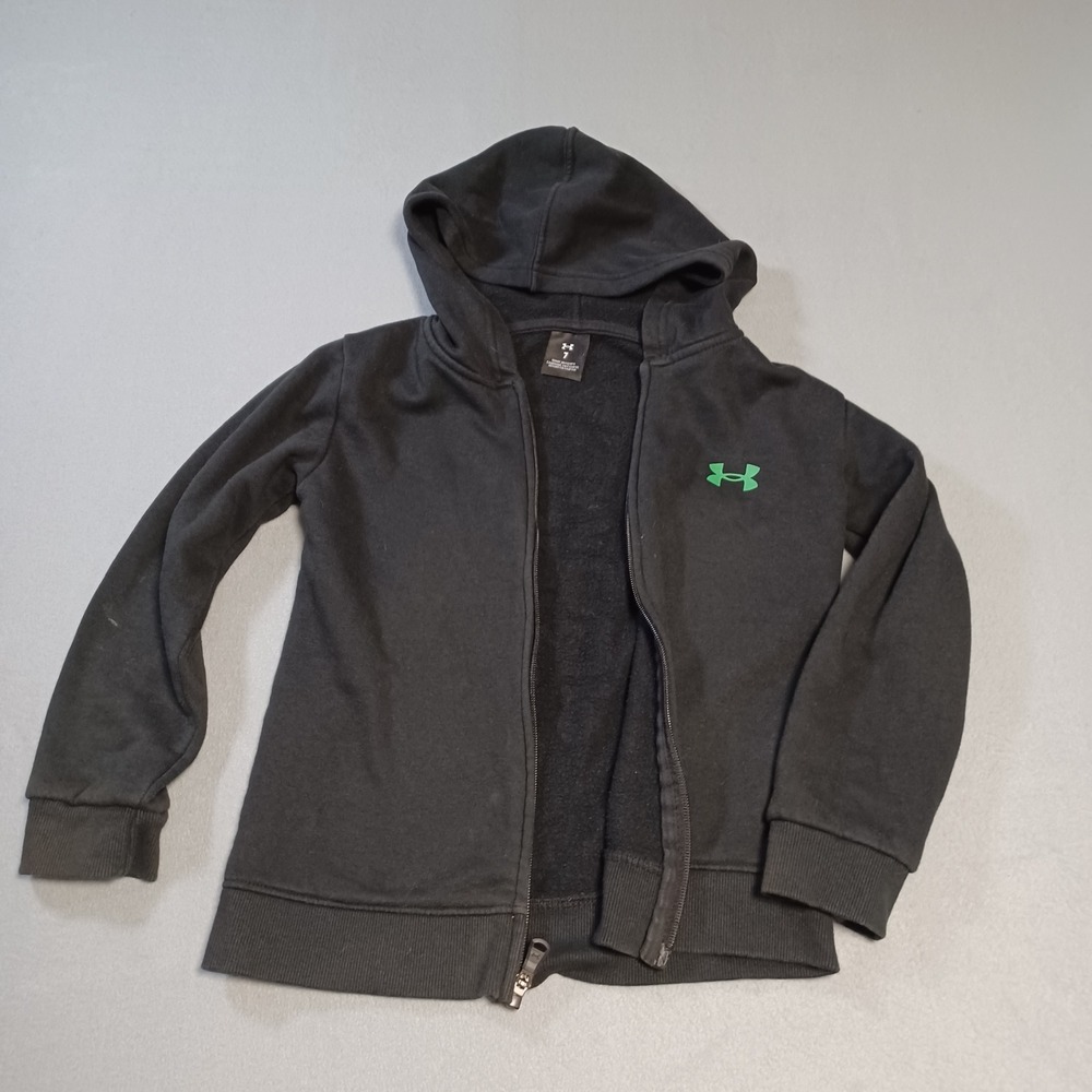 Under Armour Boys Black Full Zip Hoodie Green Logo Fleece Sweatshirt Size 7